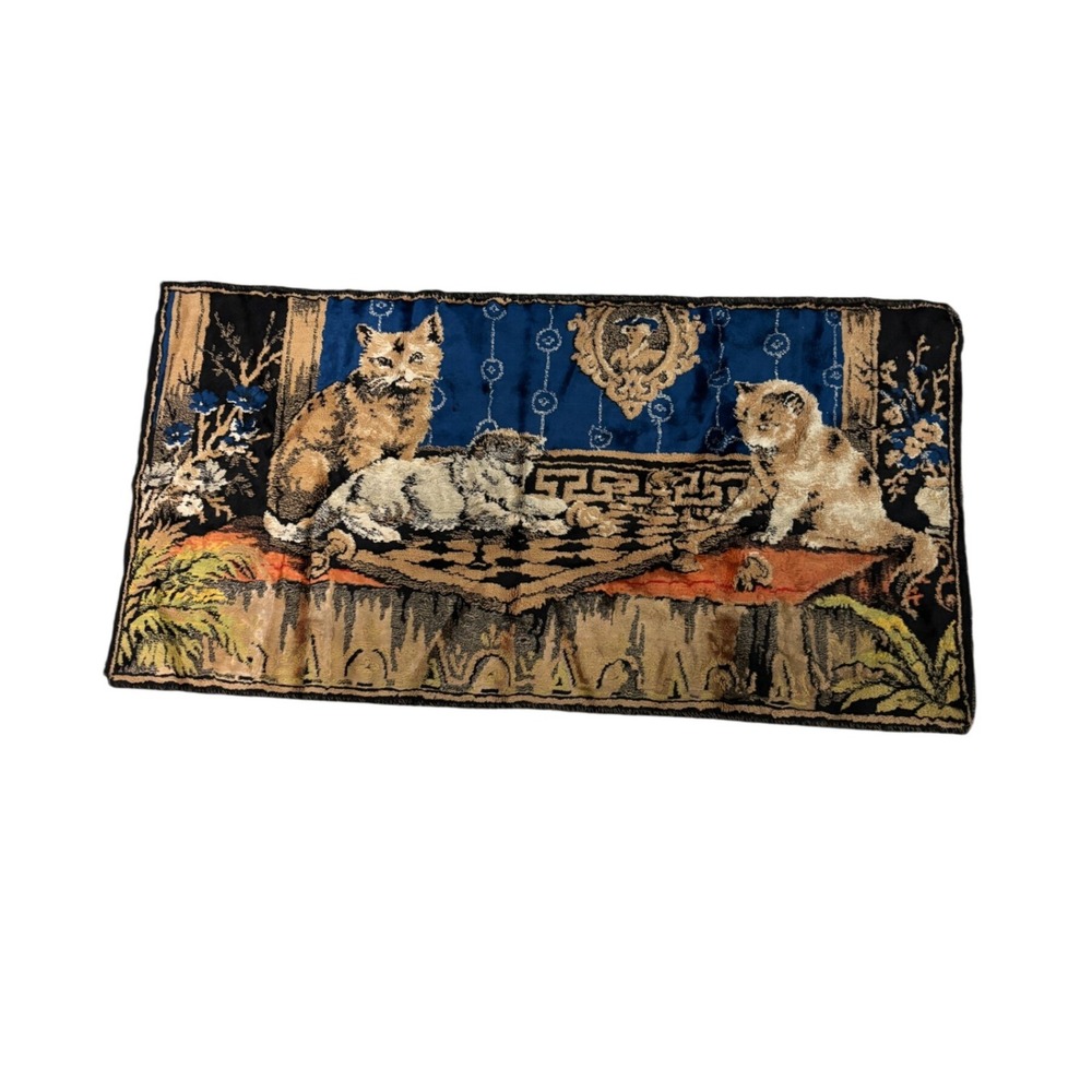 VTG MCM 50s Velvet Tapestry Cats Playing Chess Wall Rug 38x19" Dark Academia